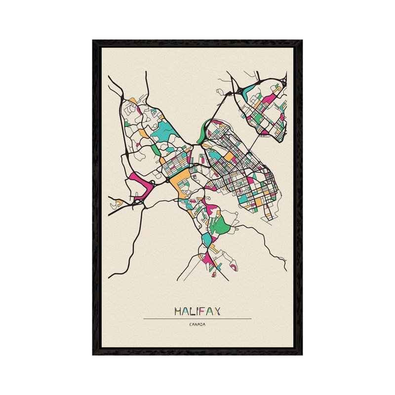 Halifax, Nova Scotia Map by Ayse Deniz Akerman - Print on Canvas, 152.4cm H x 101.6cm W x 3.81cm D, Black Framed