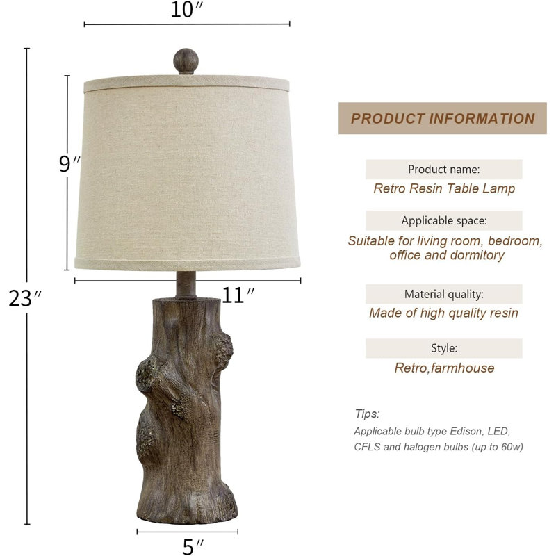 23"Resin Table Lamps For Living Room Set Of 2 Country Cottage Farmhouse Lamp For Bedroom Tree Trunk Wood Grain With Oatmeal Fabric Round Shade Vintage Rustic Traditional Nightstand Bedside Lamp