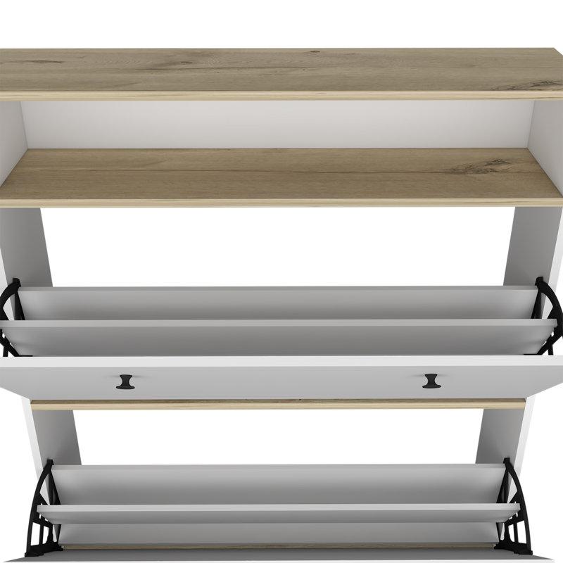 Range-chaussures Dublin avec une tablette ouverte et deux armoires extensibles, Chêne clair