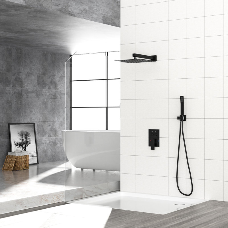 12 Inch Square Dual Shower Head Wall Mounted Matte Black System With - Scald Balanced Valve, Ultra Thin Rainfall Shower, 360 Adjustable And Multifunctional Design System, Balanced, Handheld For