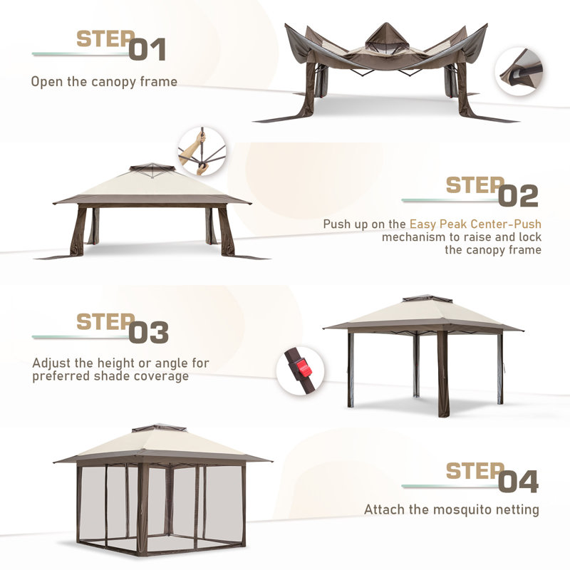 Beige and Brown Metal Pop-Up Patio Gazebo with Mosquito Netting