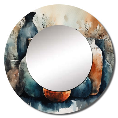 Raheema Blue And Orange Artisanal Boho Pottery II - Boho Pottery Mirror, Blue Round Unique Wall Mirror, Printed Metal Art