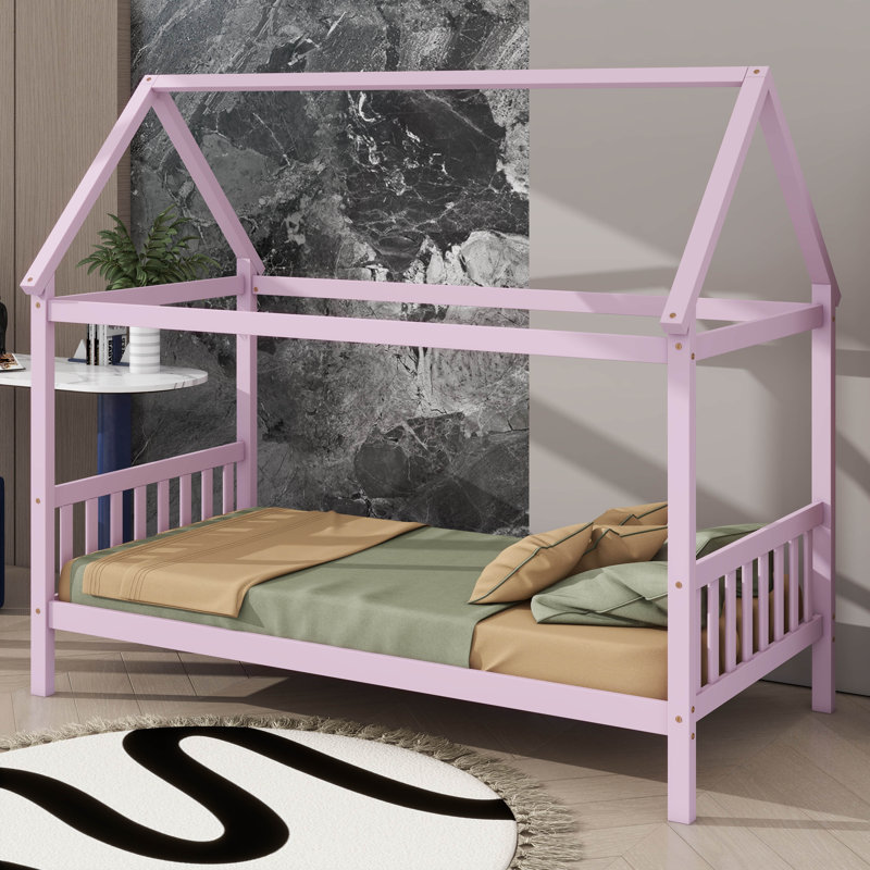 Lit simple pour enfant conçu en forme de maison, Rose