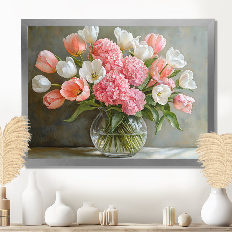 Ignangias roses et blancs, hortensias et tulipes dans un vase - hydrangées, art mural sur toile, Argent argent