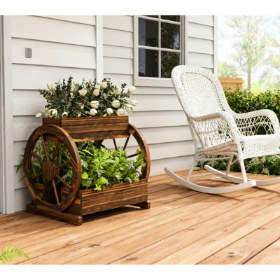 Outdoor 3 - Tier Wooden Planter In Wagon Form For Growing Vegetables, Flowers And Herbs, Self Draining Design Wheels, Fir Wood Raised Shape Flowers, Featuring Wheels Holes,