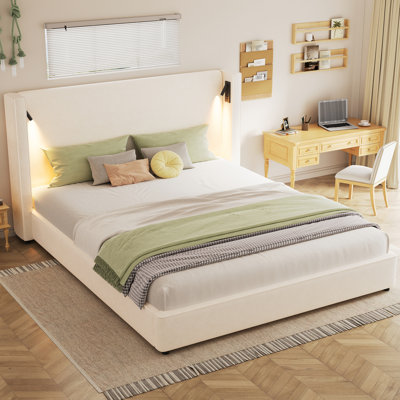 Très grand cadre de lit tapissier beige avec tête de lit à oreilles haute, lampe de lecture réglable, port, mousse douce, sans sommier, installation facile pour la taille de la chambre à coucher, cadre, beige, assemblage simple