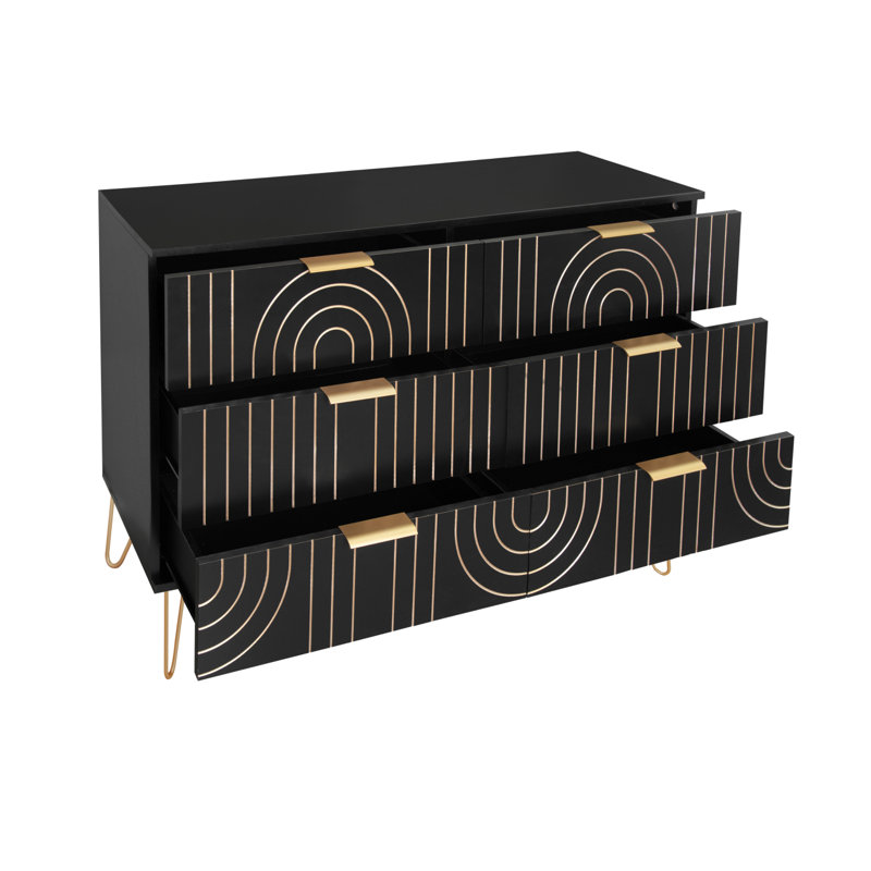 Commode moderne 6 tiroirs, commode moderne avec poignées en métal, commode de rangement, tiroir large, Noir