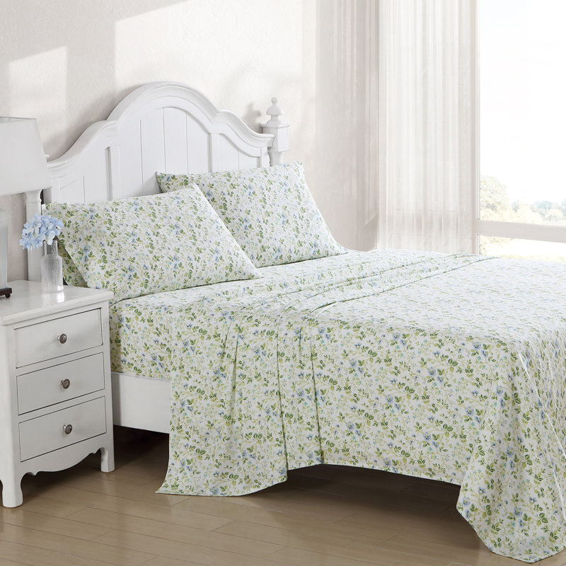 4-Piece 300 Thread Count Sateen Cotton Sheet Set, Queen Sheet Set with 2 Pillowcases, Spring Bloom Blue