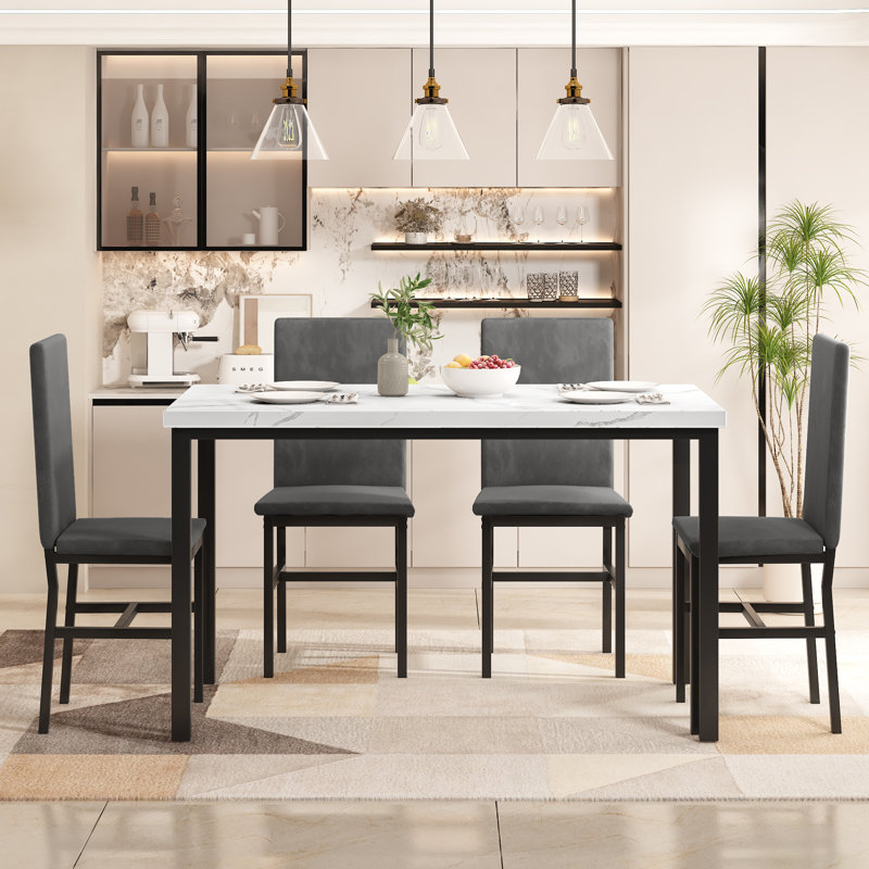 Janece 5 - Piece Dining Set with Velvet Upholstered Dining Chairs, Gray, Mable White/Black