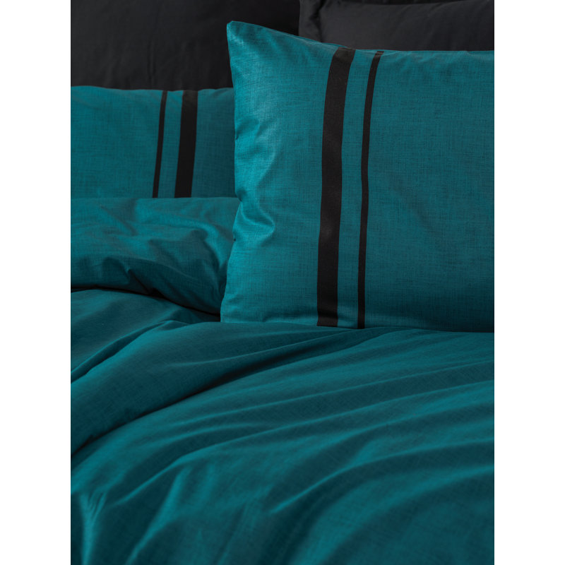 Ensemble de housse de couette 100% coton Ranforce, bleu pétrole et noir, avec housse de couette (63 x 87), drap plat (63 x 95), taie d'oreiller (20 x 28) | Impression réactive, lavable à la machine, conception élégante avec fermeture à boutons
