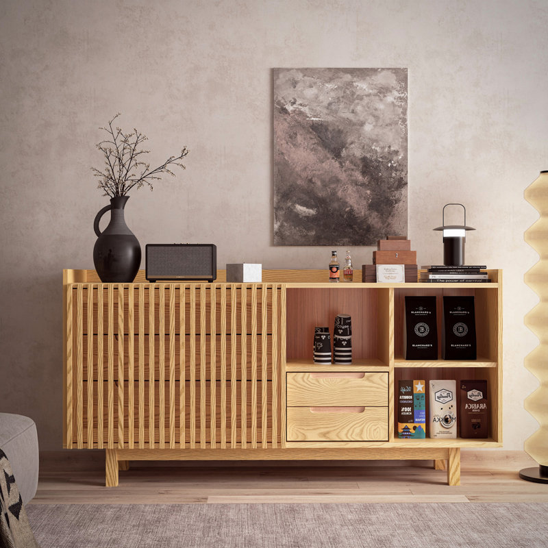 63"W Wood Japandi Buffet Sideboard With Drawers And Cabinet, Modern Accent Credenza With Sliding Barn Door For Kitchen, Dining, Living Room