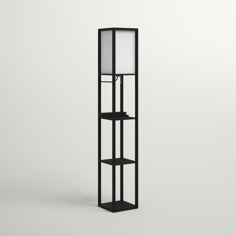 Maxwell 63 in. 3-Shelf Modern USB and Wireless Charging LED Floor Lamp with Fabric Square Shade, Black 