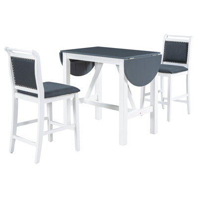 3-Piece Wood Counter Height Drop Leaf  Dining Table Set With 2 Upholstered Dining Chairs For Small Place, White+Gray