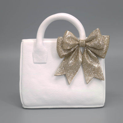 Matte White Resin Handbag with Leather Texture & Gold Glitter Bow &decorative objects &home décor