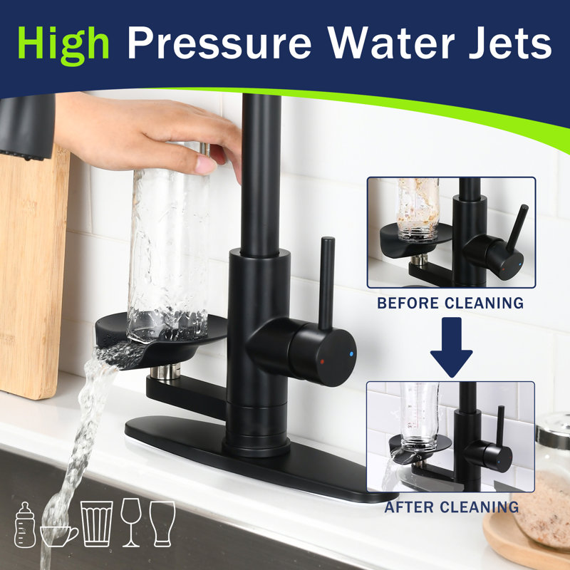 3-In-1 Kitchen Faucet With LED Temperature Display, High-Arc Pull-Down Sprayer, And Press-Type Glass Rinser, Matte Black