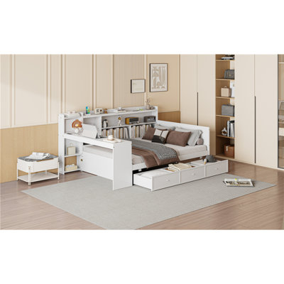 Lit de jour en bois double avec 3 tiroirs, ports USB et bureau, blanc