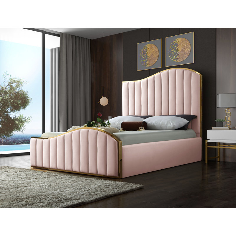 Lit plateforme tapissier Jolie, Grand, Velours rose