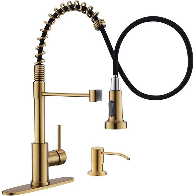 GIMILI Brushed Gold Kitchen Faucet with Soap Dispenser, Commercial Single Handle Spring Pull Out Kitchen Sink Faucets with Pull Down Sprayer