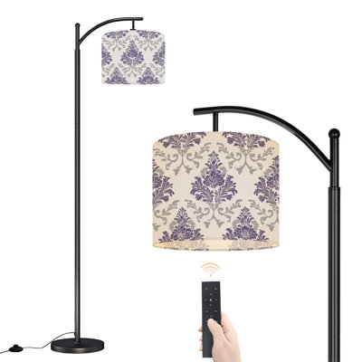 Arc Floor Lamp with Adjustable Lampshade Purple Silver Damask Floral Cream Standing Lamp 3 Color Temperatures Dimmable Tall Pole Lamp with Foot Switch for Bedroom