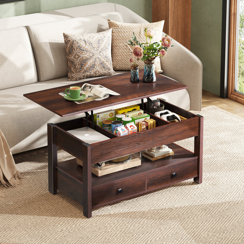 Table basse, table basse à plateau relevable avec 2 tiroirs, grand rangement et tablette ouverte, plateau de table relevable pour le salon, table de salle à manger