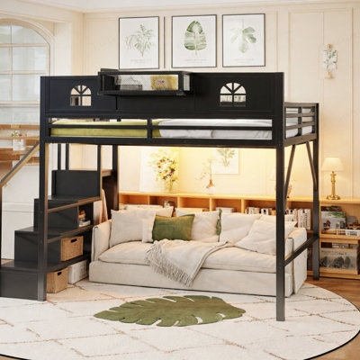 Queen Size Loft Bed with Stairs, Metal Queen Loft Bed with High and House Shaped Guardrails, High Loft Bed with Wardrobe