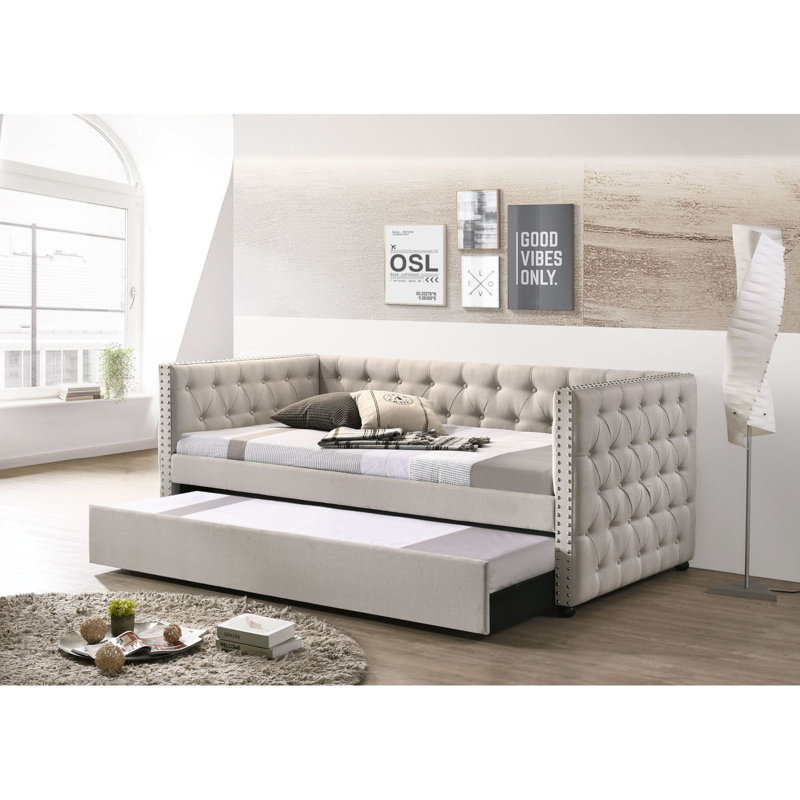 Romona Beige Fabric Daybed W/Trundle (Overall Full), Beige, Full/Double
