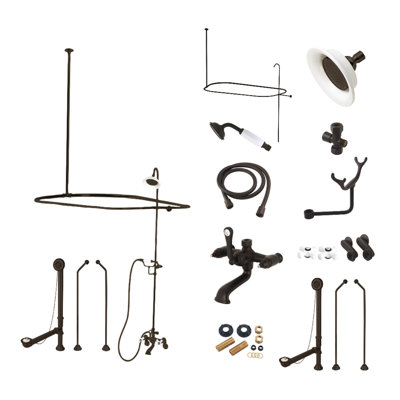 Kingston Brass Vintage Three-Handle 2-Hole Tub Wall Mount Clawfoot Tub Faucet Package with Shower Enclosure and Hand Shower