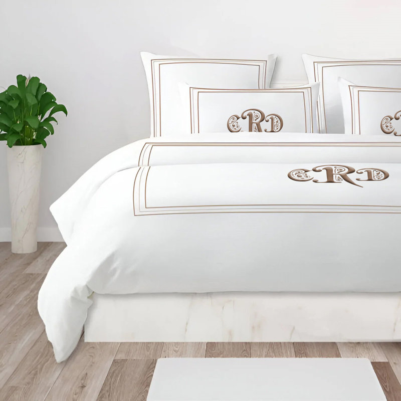 Monogram 400TC Cotton Classic Embroidery Sateen Solid Duvet Cover Set, California King/King Duvet Cover, Yes