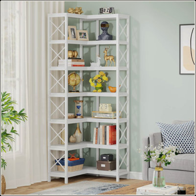 7-Tier Large Corner Bookshelf,Wood & Metal Tall Storage Bookcase For Living Room Home Office