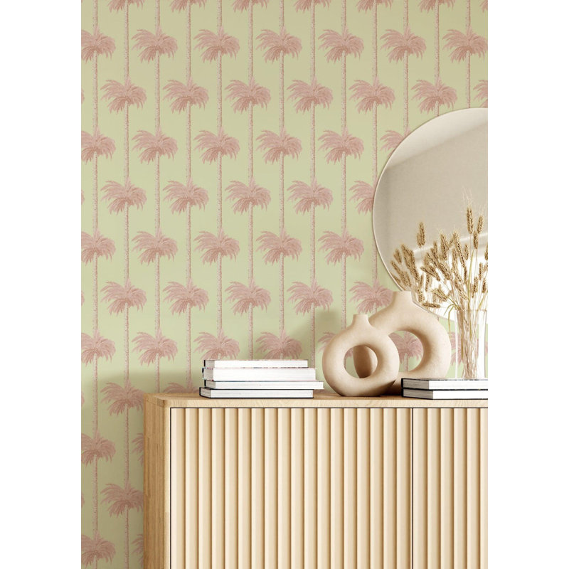 Retro Tiki Palm Trees - Wallpaper, Pink, Faux Grasscloth