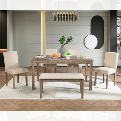 6-Piece Dining Table Set with 4 Upholstered Chairs and a Bench