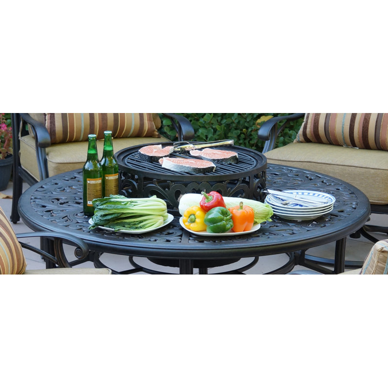 Frazee 5pc Patio Conversation Set w/ Cushions & 52'' Round Ice Bucket Tea Table with BBQ & Fire Pit