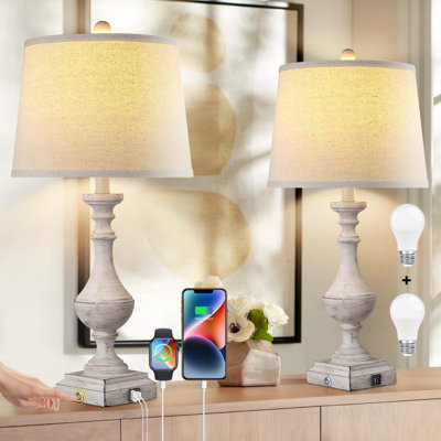 Farmhouse Table Lamps Set Of 2 With Usb And Type-C Ports, 3-Way Dimmable Touch Control, Vintage Rustic Bedside Lamps For Living Room And Bedroom, Includes Led Bulbs