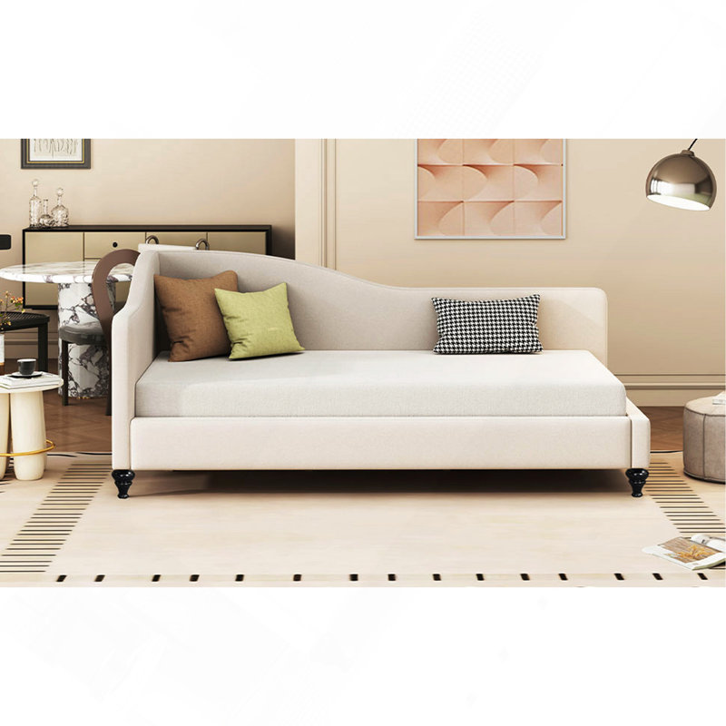 Twin Size L-Shaped Linen Daybed, With Solid Wood Legs, Beige, Twin