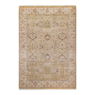 Tapis traditionnel en laine noué à la main vert Hayner 4 pi 3 po x 6 pi 2 po