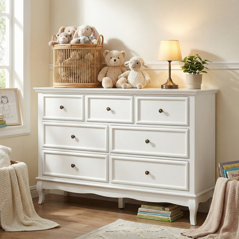 7 Drawer Dresser With Solid Wood Legs, White