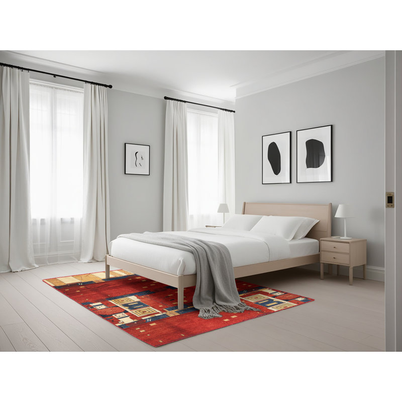 Tapis de zone rouge/bleu contemporaine, Rectangle 5 pi x 7 pi