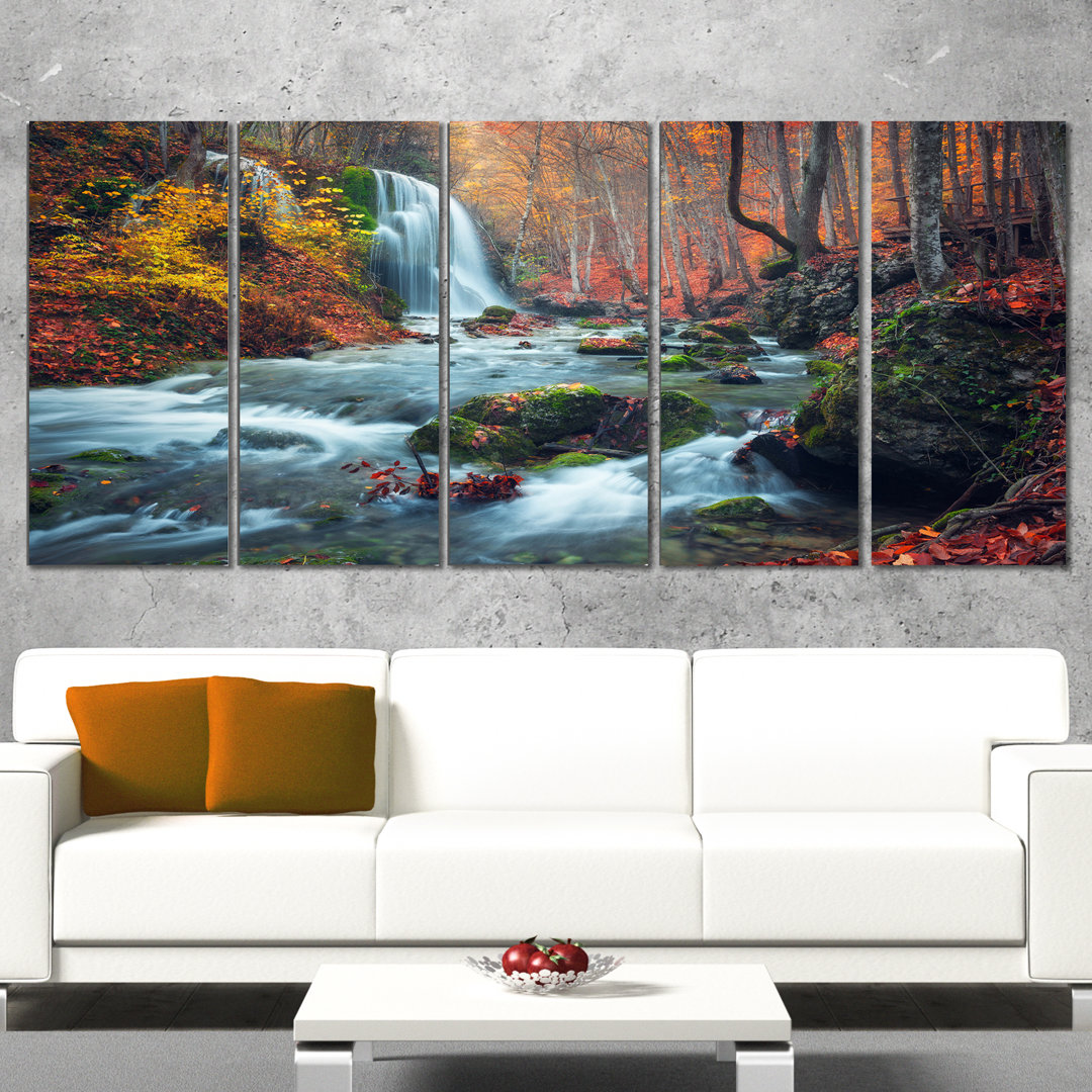 " Autumn Mountain Waterfall Long View " 5 - Pieces Design Art