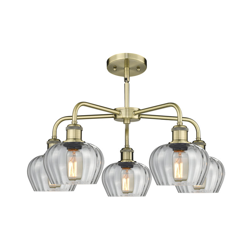 Lustre bol 5 lumières Calnie, Laiton antique, Transparent