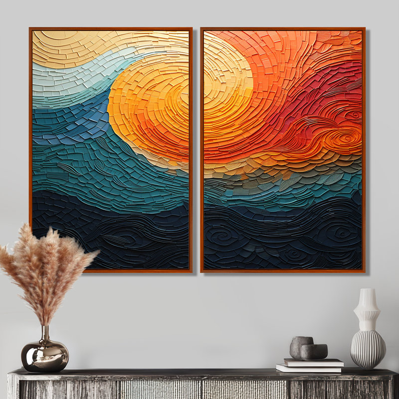«Teal Orange Op Art Rhythmic Illusion III», impressions sur toile bleu sarcelle, 36" H x 48" W, Impression encadrée flottante