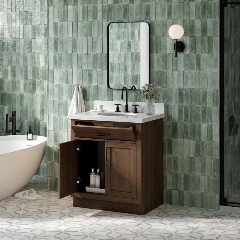 Meuble-lavabo simple 30 po en bois massif avec plateau en quartz 1,5 po Thornaby, Ovale, Chêne brun / noir mat