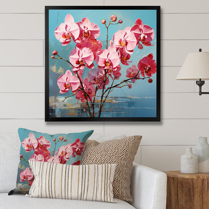 Orchidées roses, orchidées roses, fusion néon III sur toile, Cadre simple noir, H 36 po x l 36 po x P 1,5 po
