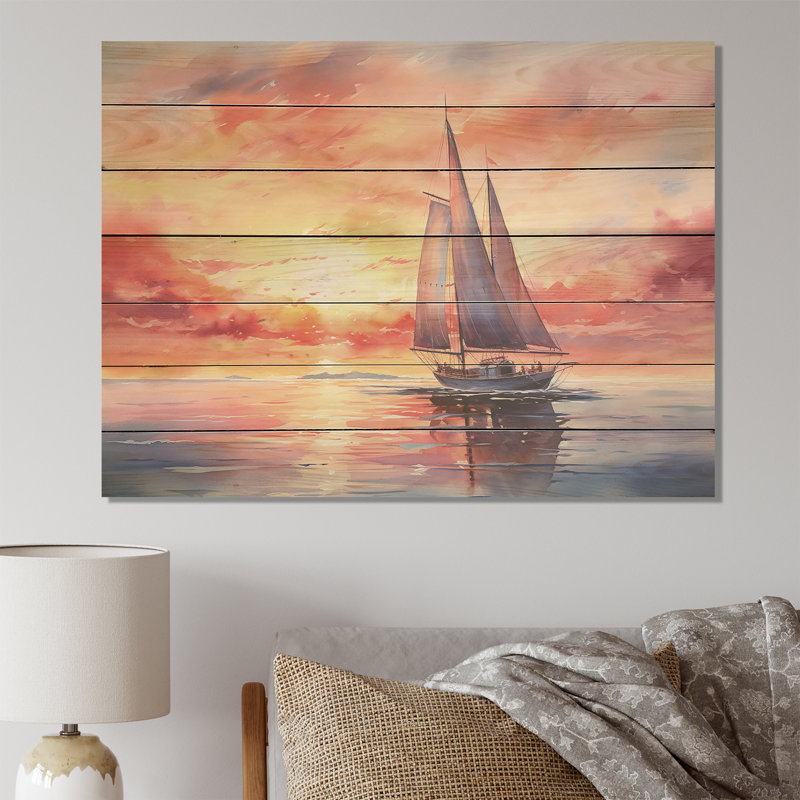 Motif de voiliers pastel, coucher de soleil III - Bateau à voile sur bois, H 10 po x l 20 po x P 0,78 po