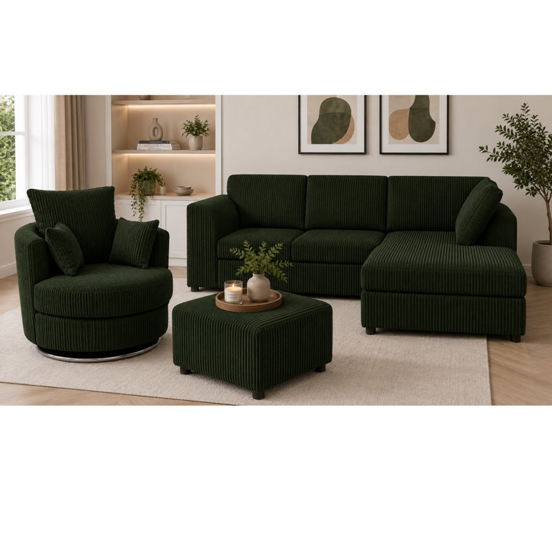 4 Seater Corduroy Sofa & Chaise, Right Hand Facing, Forest Green