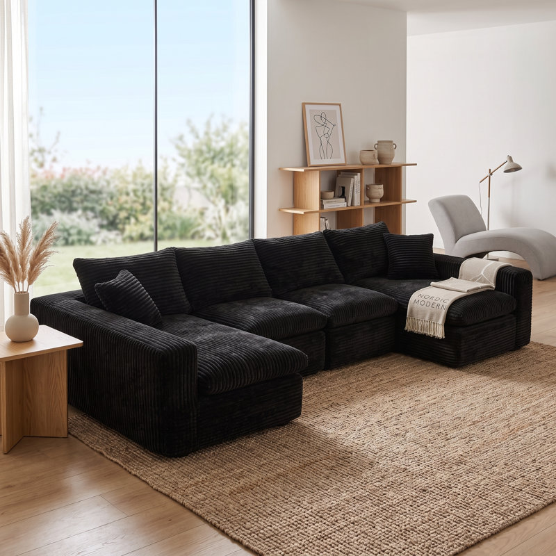 Canapé modulaire en U avec mousse à mémoire de forme et velours côtelé Aino, Noir
