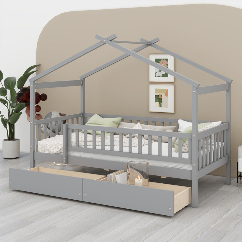 Lit en bois avec tiroirs, Gris