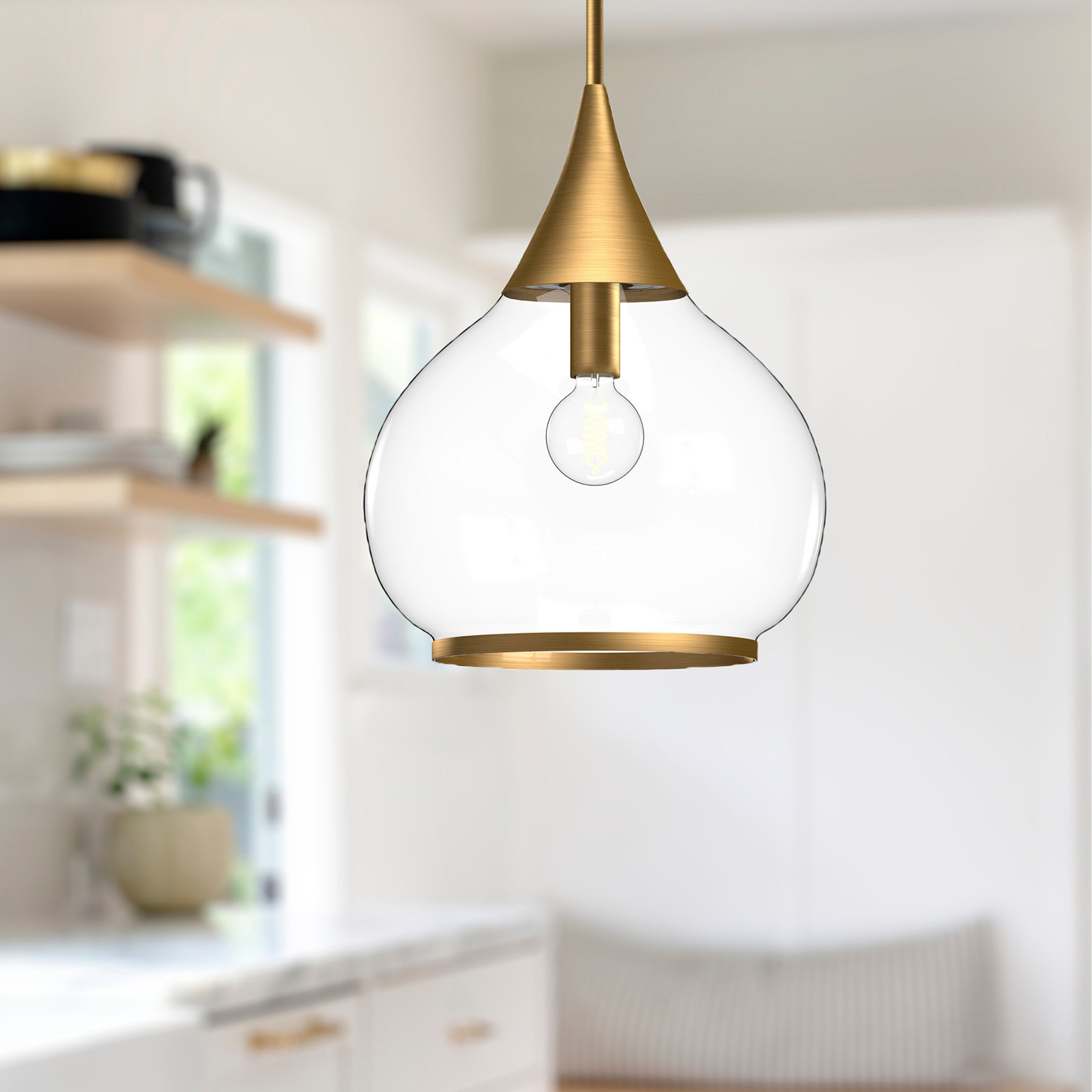 Hazel Single Light Glass Pendant, Clear, Aged Gold, 68" H x 14" W x 14.13" D
