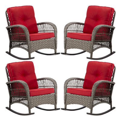 Ensemble de chaises berçantes en osier 4 pièces - Accoudoirs larges, coussins épais, meubles de patio pour la véranda, la cour et le jardin