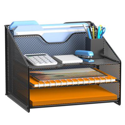 Desk File Organizer, Mesh Letter File Folder Holder With 3 Paper Trays And 2 Vertical Upright Section, For Office Supplies,Desk Accessories & Workspace,Black.