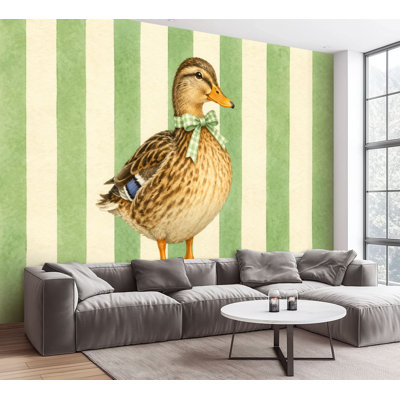 Wall Mural Peel and Stick Charming Duck Bowtie Striped Green vintage whimsical Large Wallpaper Self-Adhesive Removable Contact Paper Wall Decor for Living Room Bedroom Nursery 100"H x 144"W